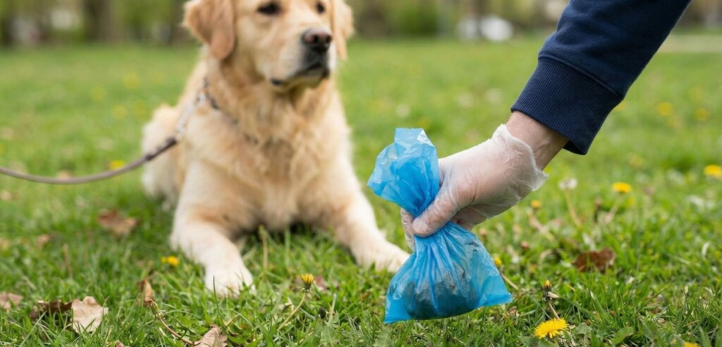 human hand picking up dpg poo in poop bag