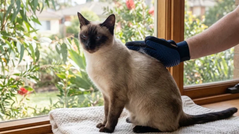 siamese cat being groomed