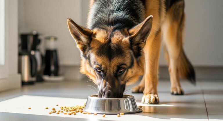 german shepherd eating from stainless steel bowl