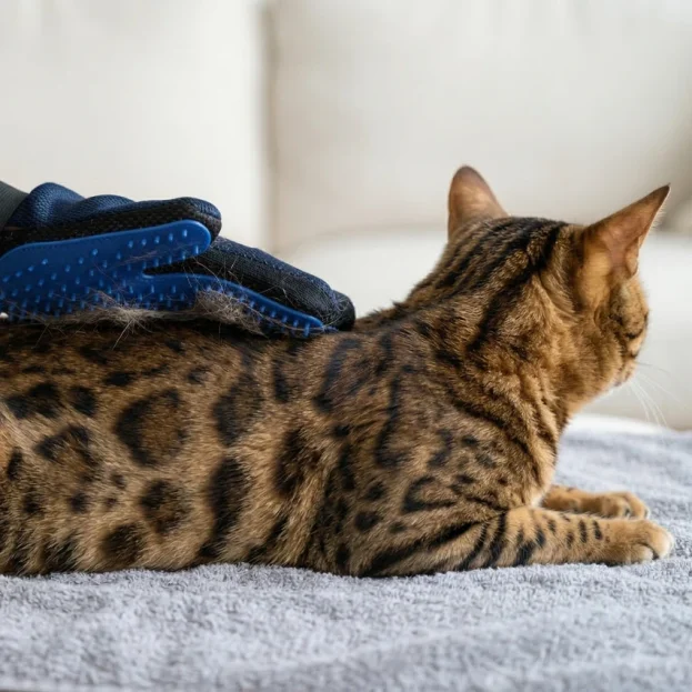 bengal cat being groomed with grooming glove