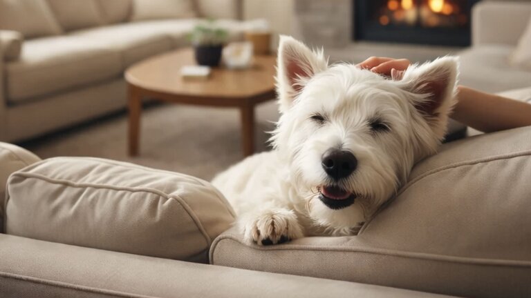 westie resting on sofa being patted by owner