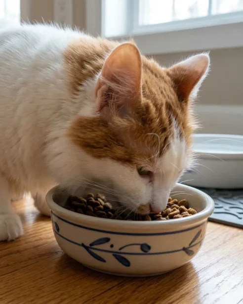turkish van eating from ceramic bowl