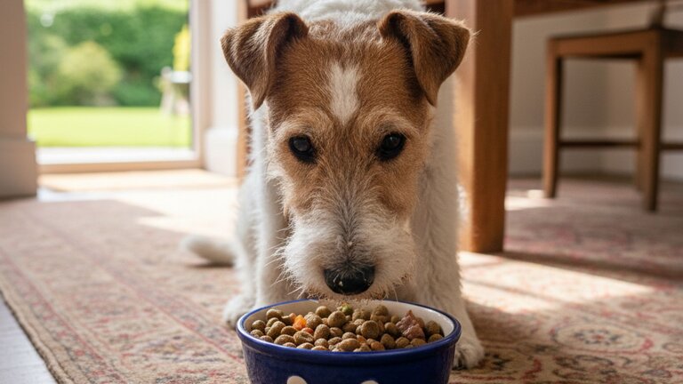 fox terrier eating dry food from a bowl