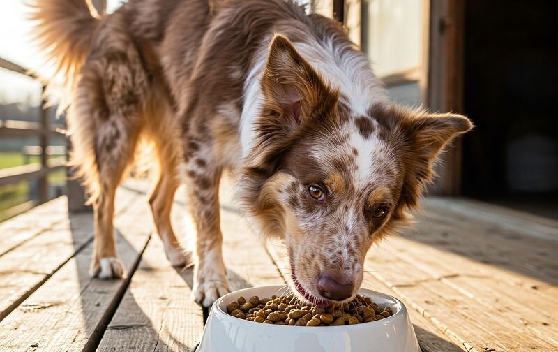 dog eating dry food from a bowl in the sunshine