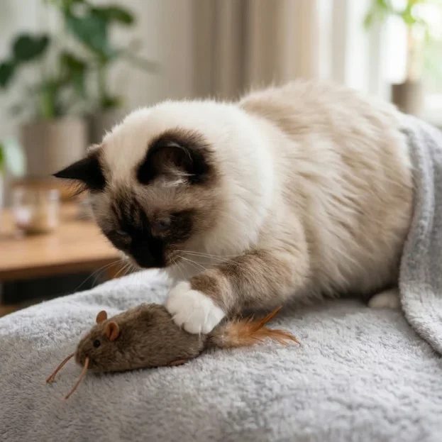 birman cat playing with toy mouse