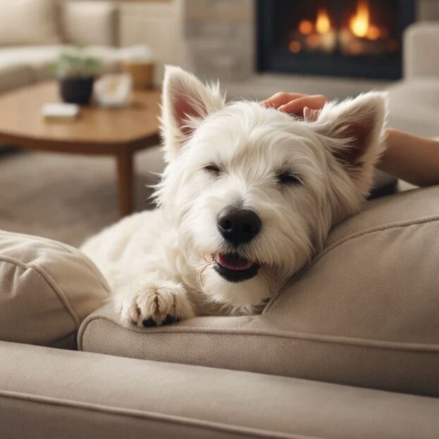 westie resting on sofa being patted by owner