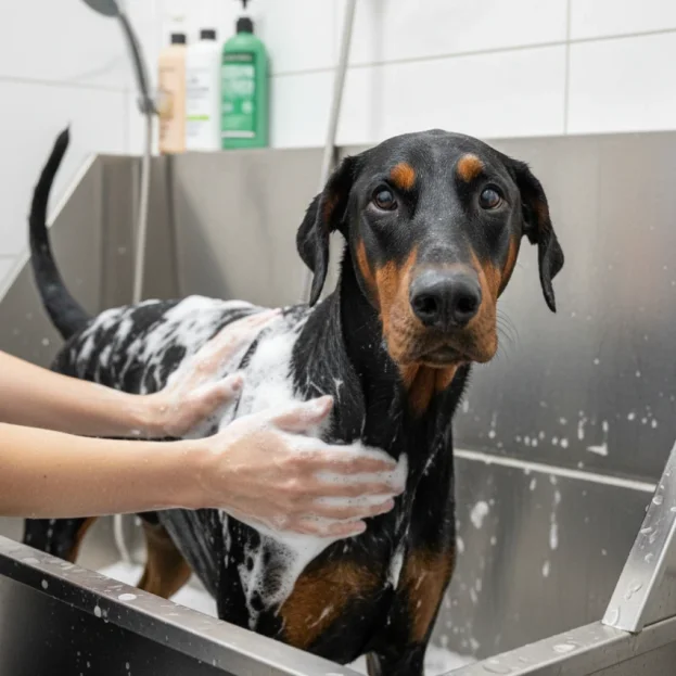 dobermann being bathed