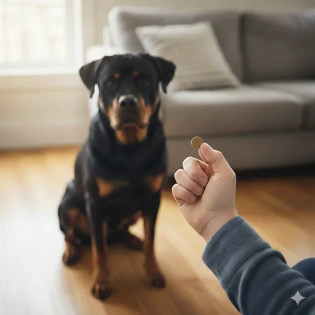 owner preparing to give rottweiler a tablet