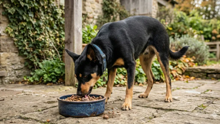 kelpie eating from bowl outdoors