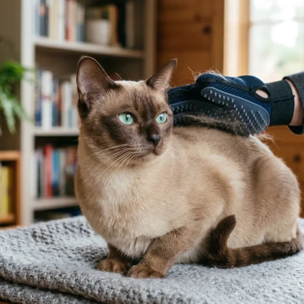 tonkinese cat being groomed with grooming glove