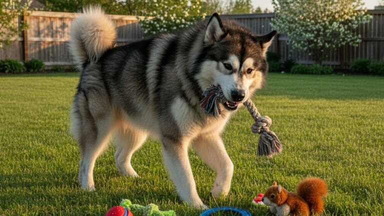 Alaskan Malamute playing with toys