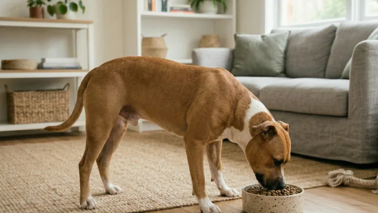 American staffy eating from bowl