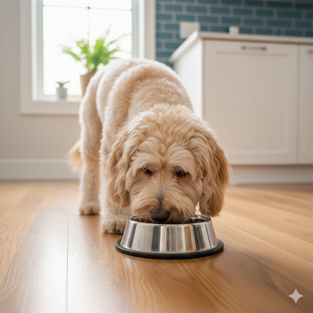 spoodle eating from stainless steel bowl