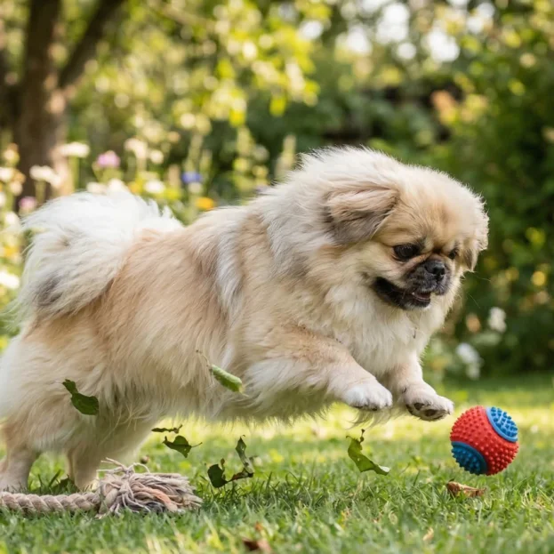 An action shot photograph capturing the light-gold Pekingese jumping playfully on a green lawn, about to catch a small red and blue textured ball.