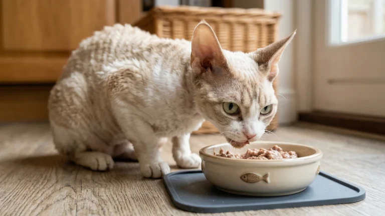 Devon Rex eating wet food from ceramic bowl