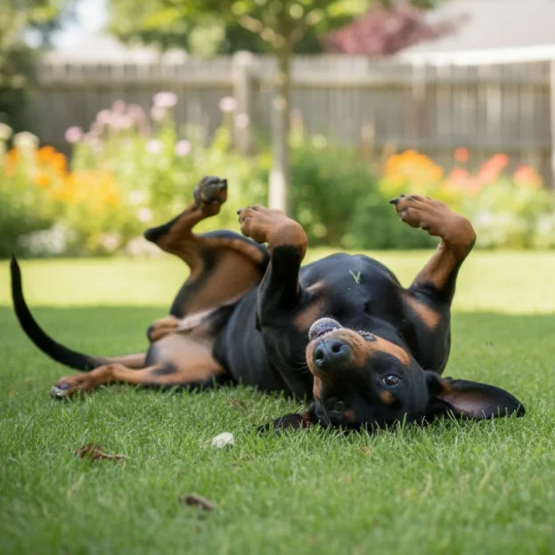 dobermann rolling on grass