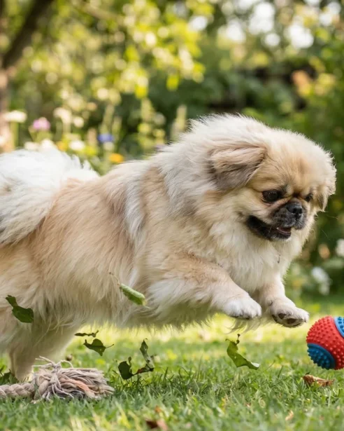 An action shot photograph capturing the light-gold Pekingese jumping playfully on a green lawn, about to catch a small red and blue textured ball.