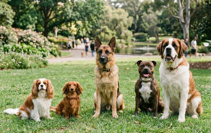 various dog breeds sitting in park