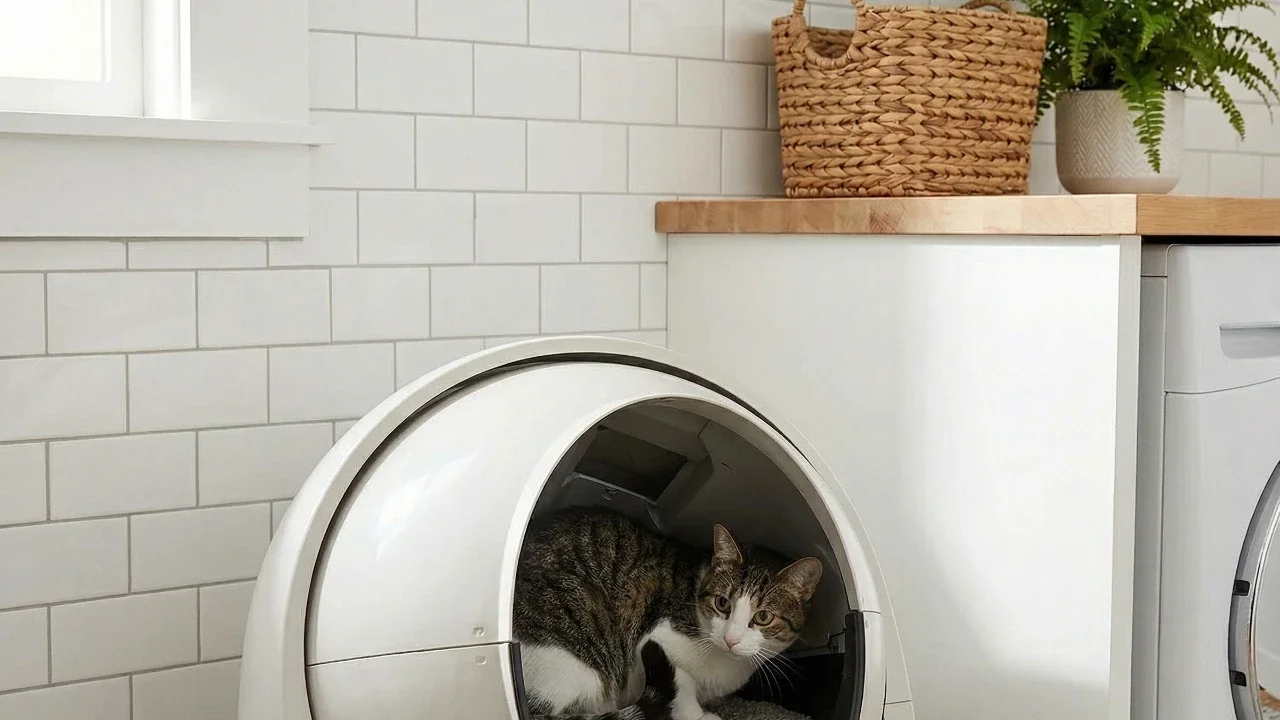 tabby cat in a self cleaning litter tray in laundry