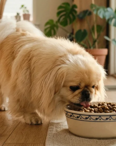 A low-angle close-up photograph of the light-gold Pekingese standing and eating kibble from a patterned ceramic bowl placed on a small textured placemat. Sunlight streams in from a sliding glass door.