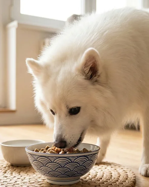 japanese spitz eating from a bowl