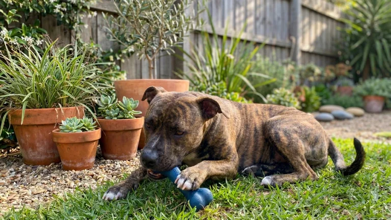 American Staffy chewing on toy