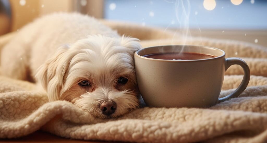 dog lying next to puppaccino