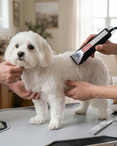 maltese being professionally groomed