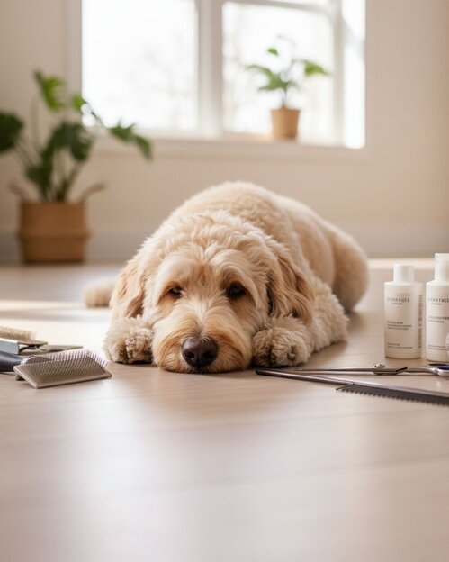labradoodle lying on floor next to grooming tools