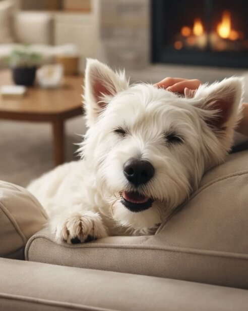 westie resting on sofa being patted by owner