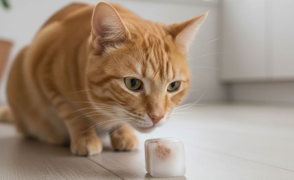 cat sniffing at ice cube with tuna
