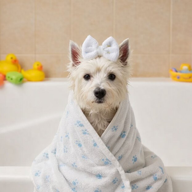 Westie having a bath