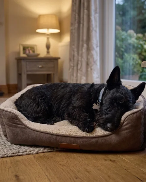 scottish terrier asleep on dog bed
