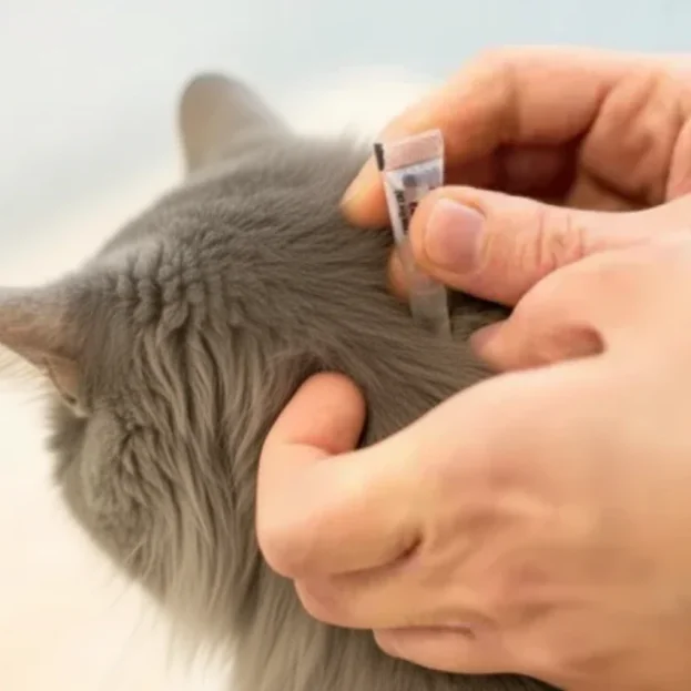 human applying parasite preventative to cat's neck