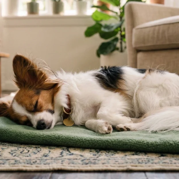 Papillon asleep on mat indoors
