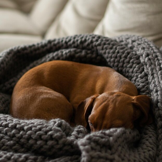 dachshund sleeping wrapped in chunky blanket