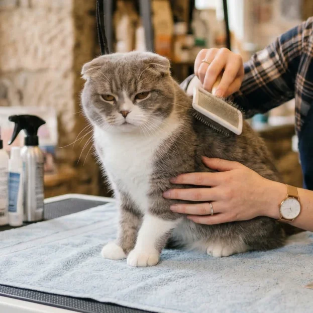 Scottish Fold cat being groomed