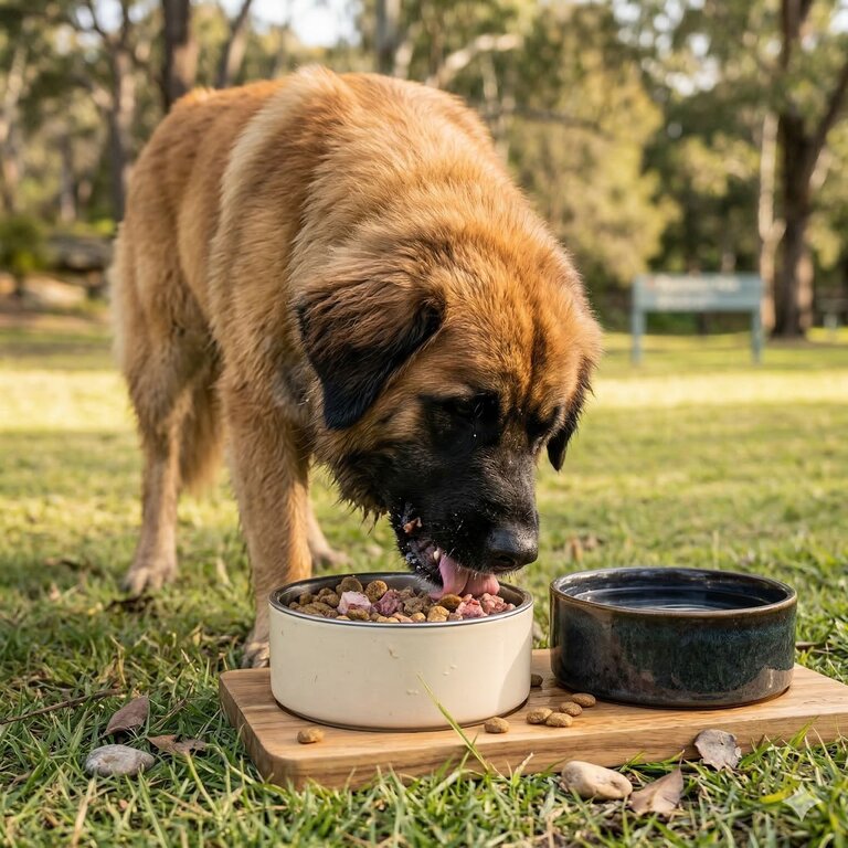 An adult Leonberger dog eating dog food from a bowl outside
