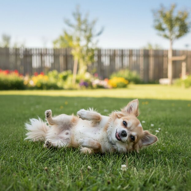 Chihuahua rolling on grass