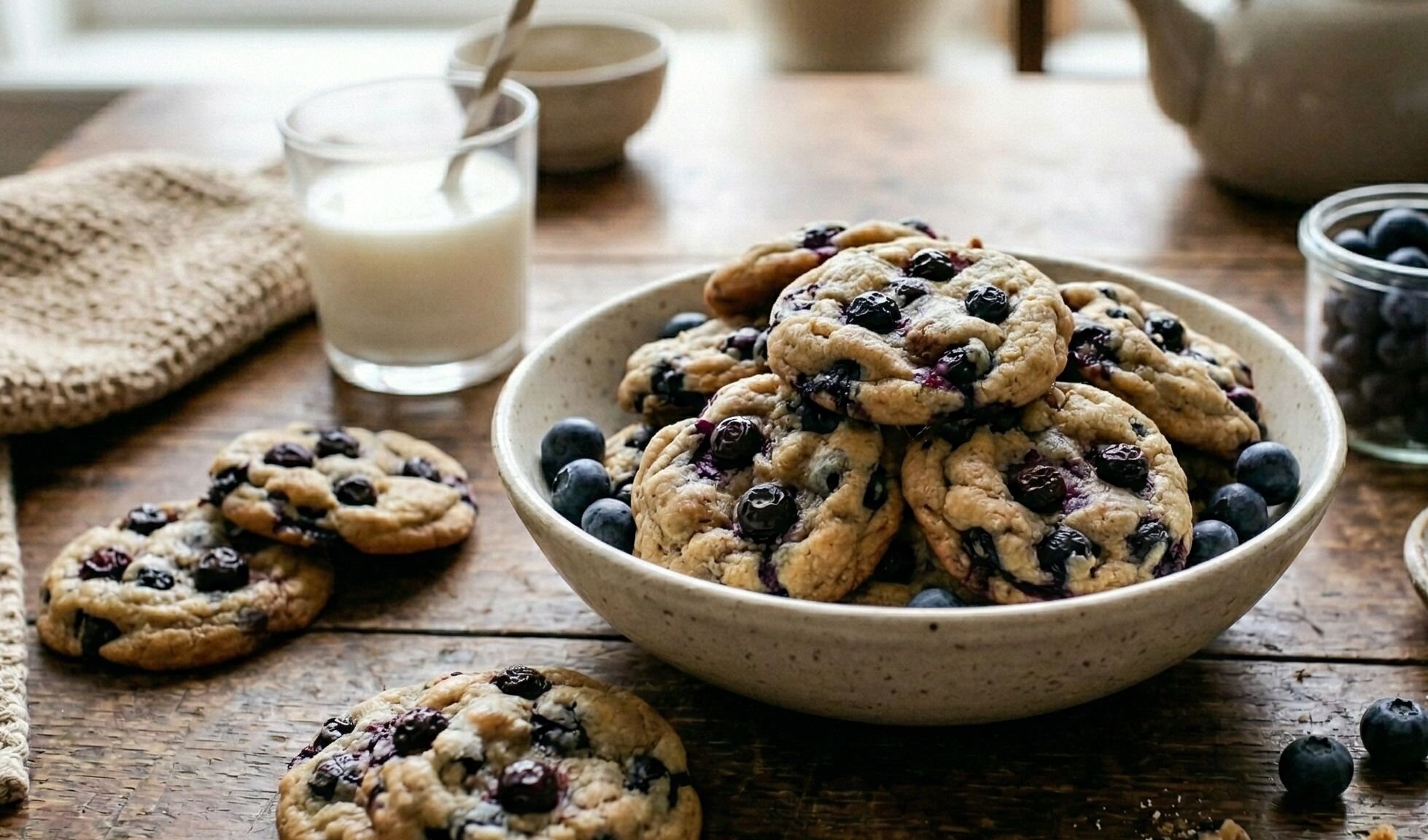 bowl of blueberry cookies with milk in background