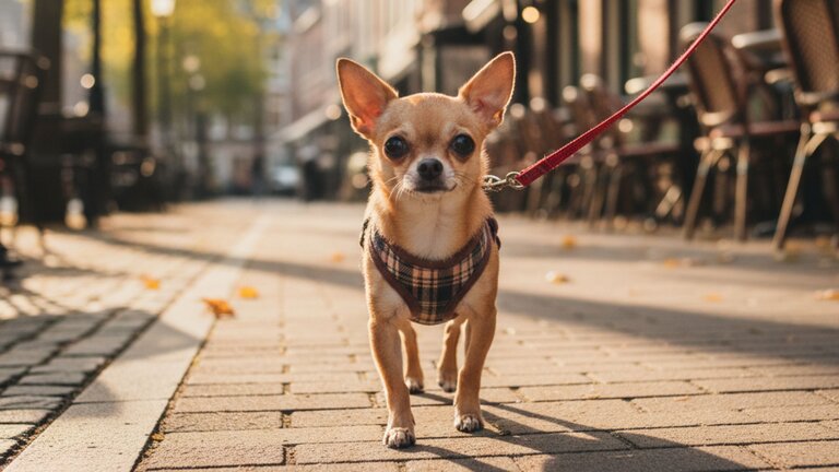 Chihuhua on lead and harness going for a walk