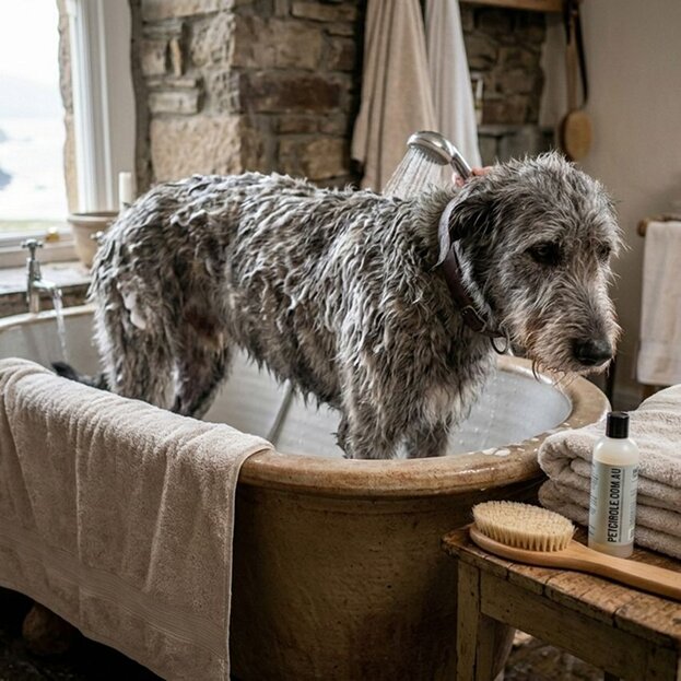 wolfhound-getting-bathed