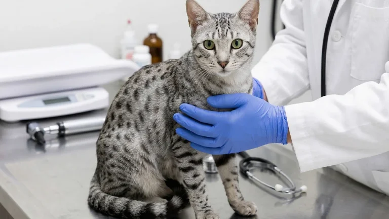 egyptian mau being examined by vet