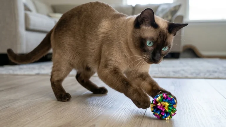 tonkinese cat playing with bright ball