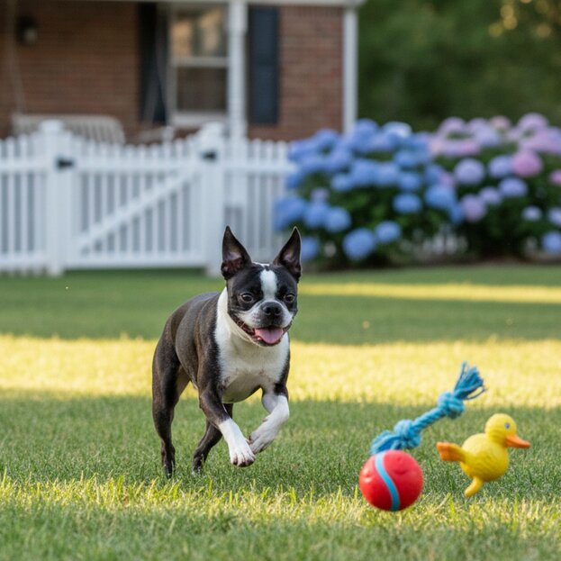 Boston terrier playing with toys outdoors