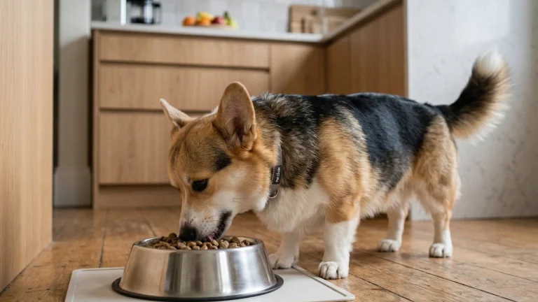 corgi eating dry food from stainless steel bowl