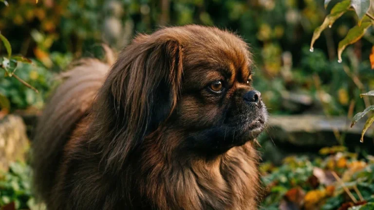 A detailed, close-up photograph of a small, long-haired Pekingese, in profile. The dog has a lush, rich chocolate-brown coat with a voluminous mane and is looking upwards and to the right with its large, dark eyes. It is positioned in a sun-dappled outdoor garden setting with a softly blurred background of green foliage, some dry, yellowish autumn leaves, and a light-colored rock. Soft, natural light highlights the texture of the dog's fur.