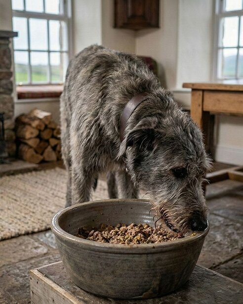 wolfhound-eating-from-a-bowl