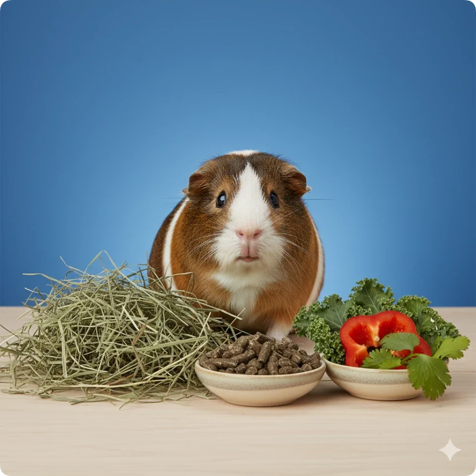 guinea pig sitting with bowls of food and hay