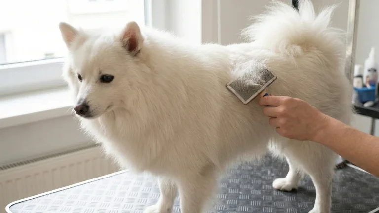 japanese spitz being brushed